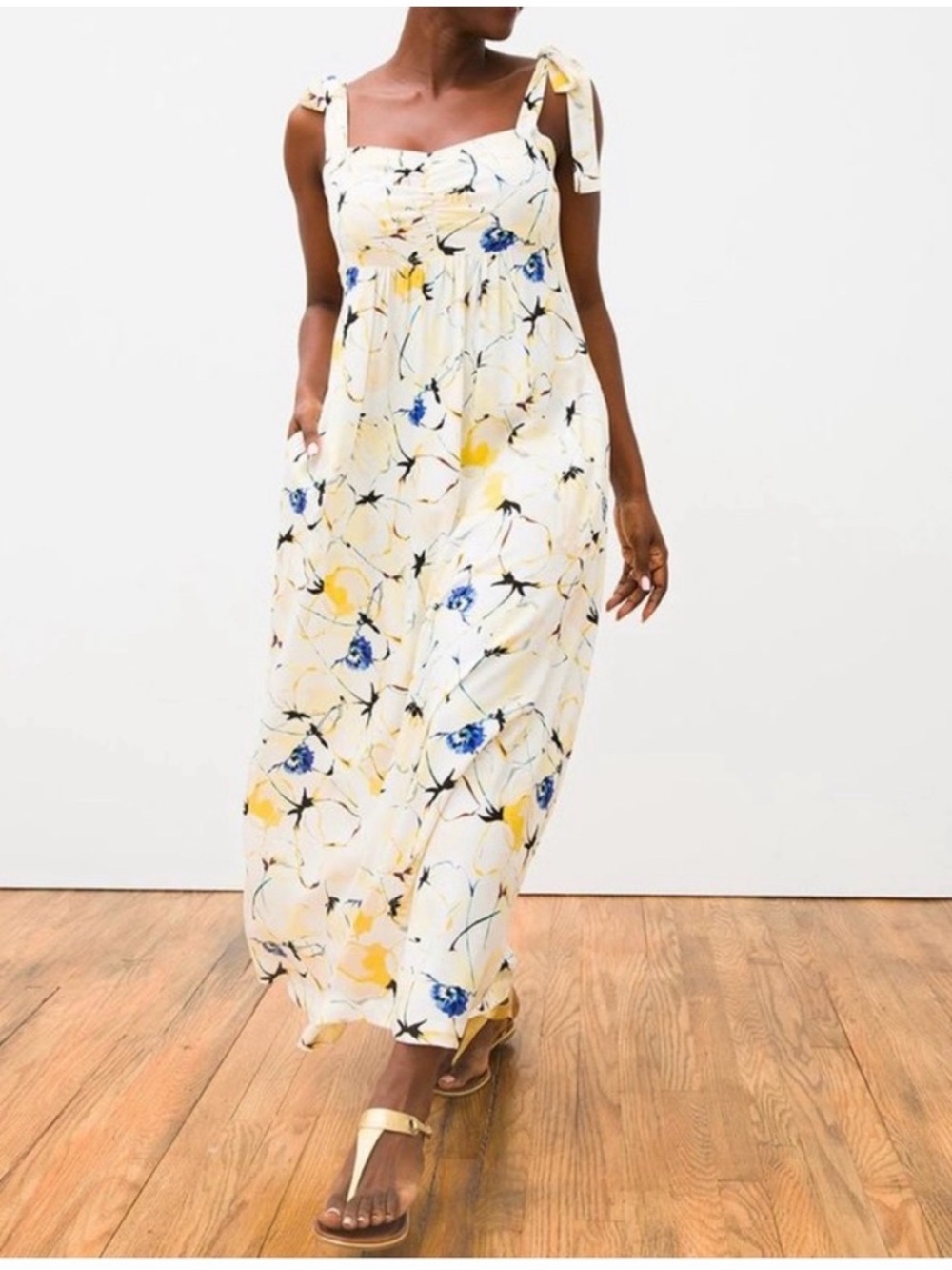 Soma NWOT White Floral Tie-Shoulder Maxi Dress with Blue and Yellow Blooms